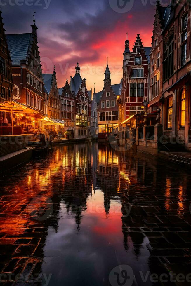 Stunning winter skyline captures the enchanting blend of historical architecture and picturesque water reflection in European cities photo