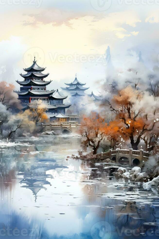 A vibrant watercolor painting of a snow-covered Asian megacity blending shades of white blue and grey evoking a serene winter scene photo