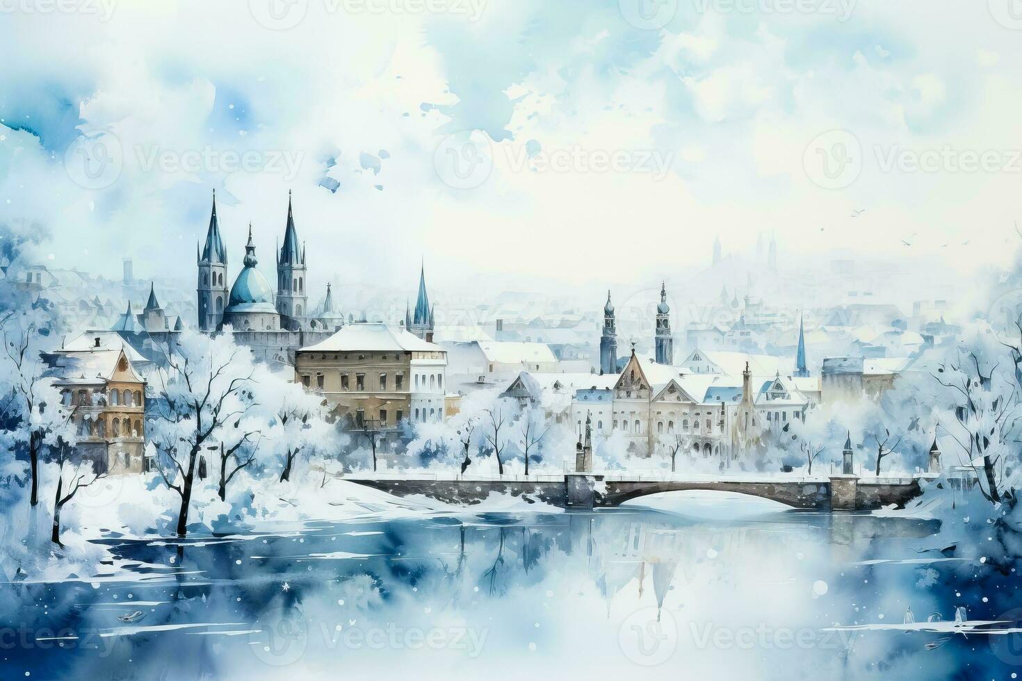 A stunning watercolor painting capturing a snowy European skyline adorned with intricate architectural details background with empty space for text photo