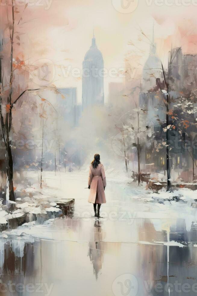 Silent serenity embraces a frozen cityscape as softly painted hues of winter dance across urban landscapes photo