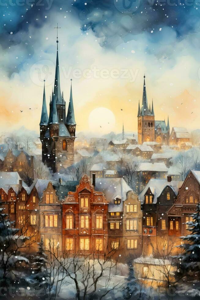 A whimsical winter panorama captures the enchanting skylines of European cities in a dreamy watercolor painting photo