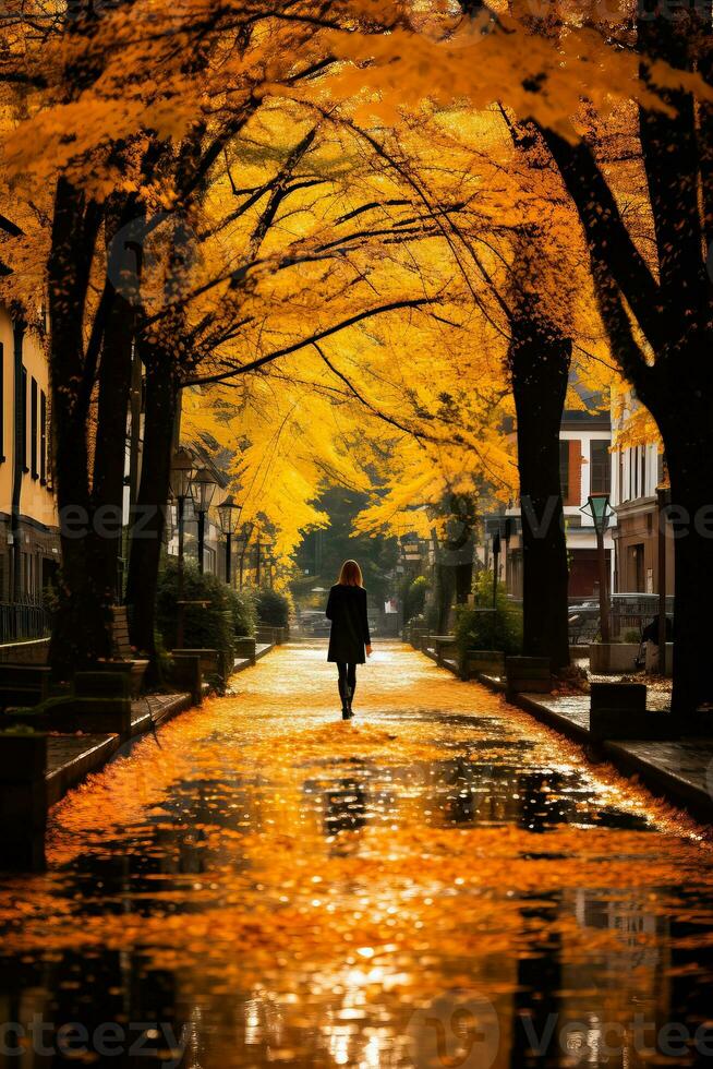 deleite en el encantador monitor de dorado hojas como encantador pueblos ven viva con otoño matices y Anticuado festividades foto