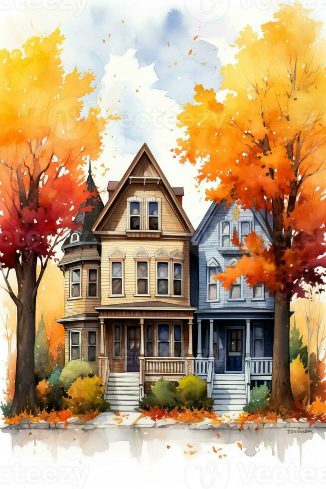 Capturing the essence of fall this photo displays charming American small towns adorned in stunning watercolor illustrations