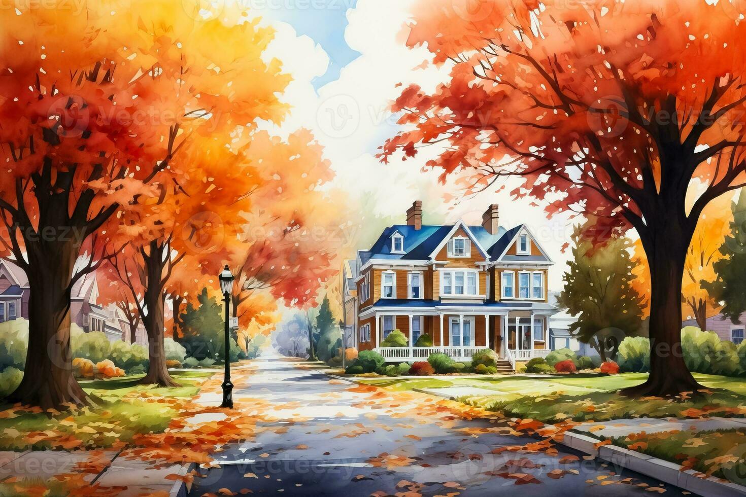 A vibrant watercolor illustration showcasing a cozy American small town in autumn with colorful leaves and charming architecture photo