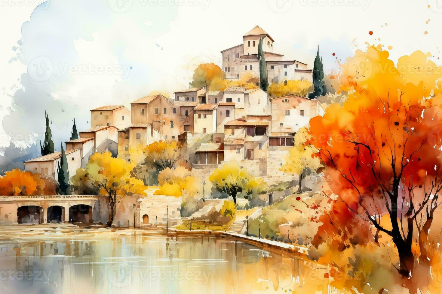 A picturesque Mediterranean village portrayed in watercolors capturing the essence of autumn with an empty sky as a background for text photo