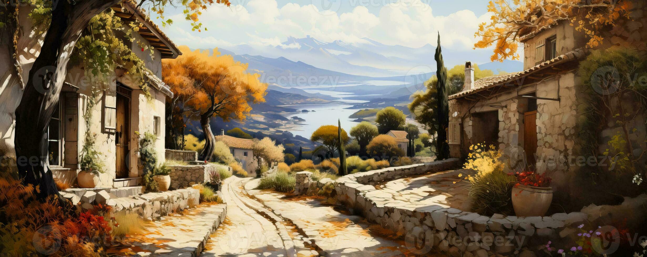 Artists capture the charm of Mediterranean villages with ornate watercolor paintings revealing autumnal hues and idyllic scenes photo