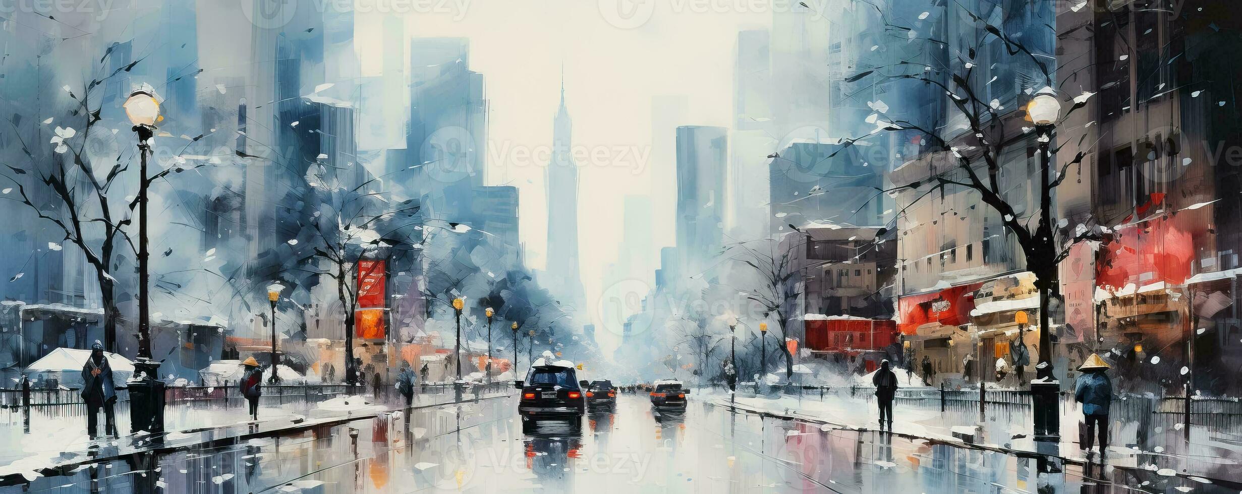 The serene beauty of snow-clad Asian megacities encapsulated in dreamy watercolor strokes photo