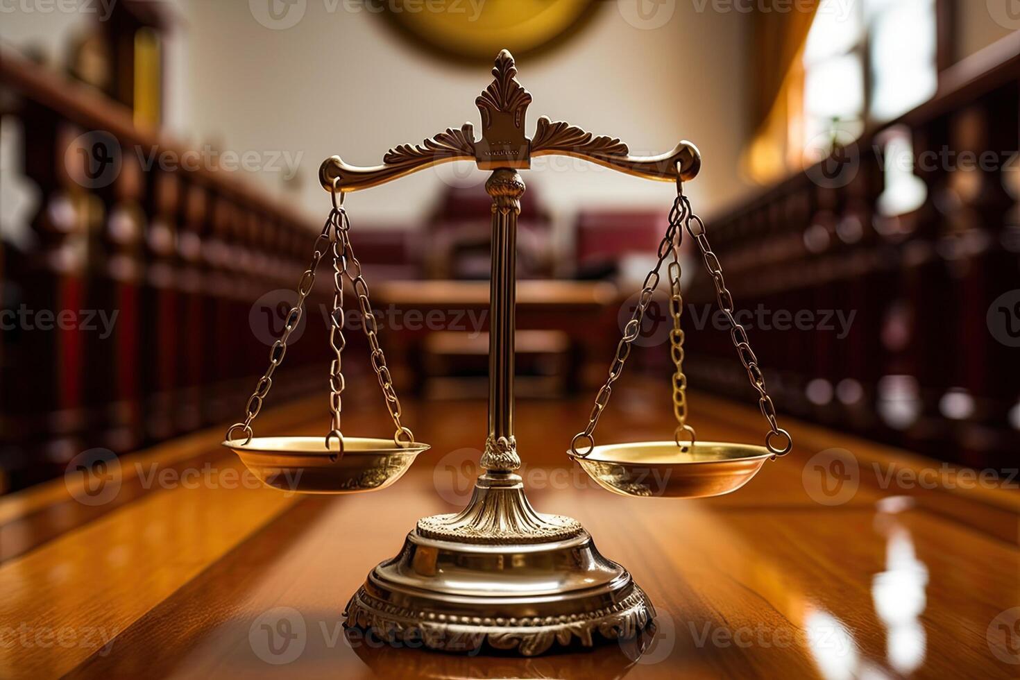 Scales of Justice on the wooden table in Court Hall. Law concept of Judiciary, Jurisprudence and Justice and business financial protection by law. Generative Ai photo