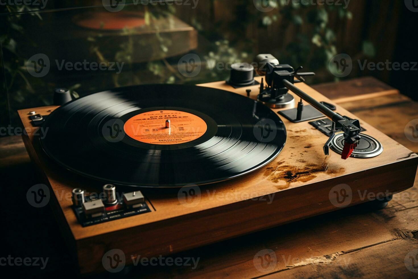 Vintage meets modern Vinyl records, player on wooden background, perfect for text AI Generated photo