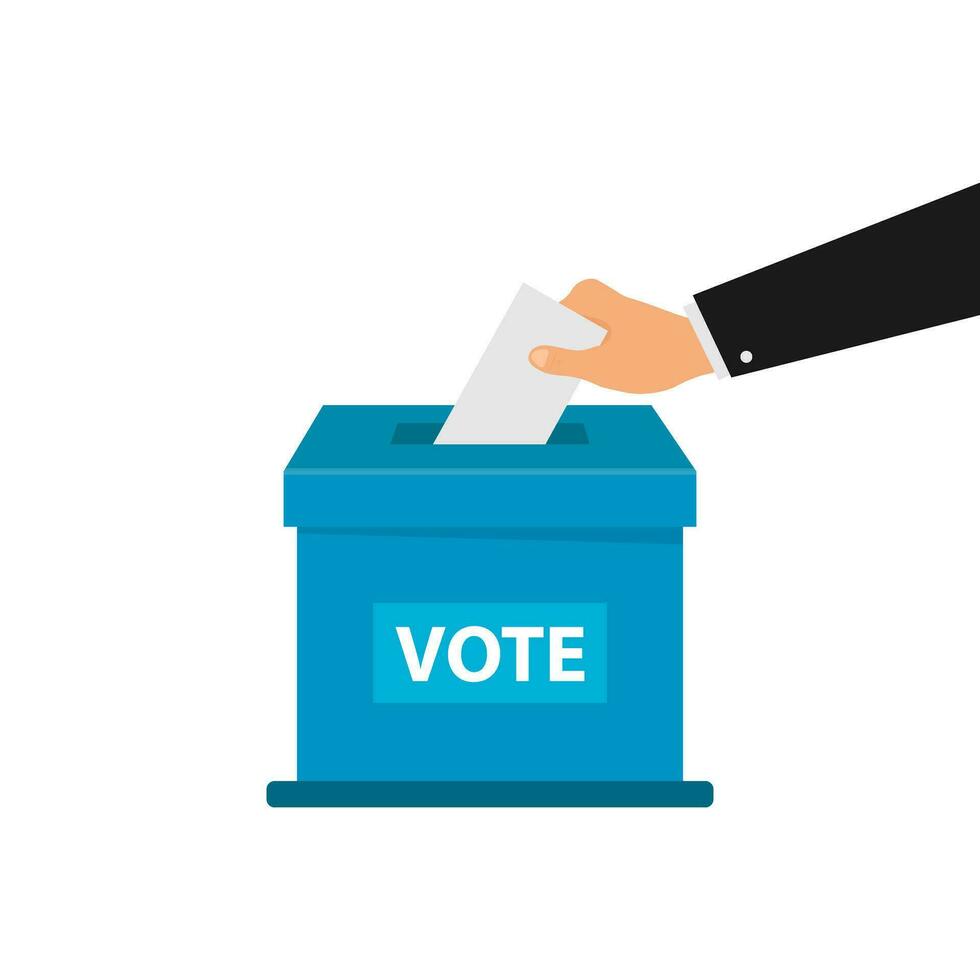 Cartoon still voting concept. Hand putting paper in the ballot box. Isolated vector illustration.