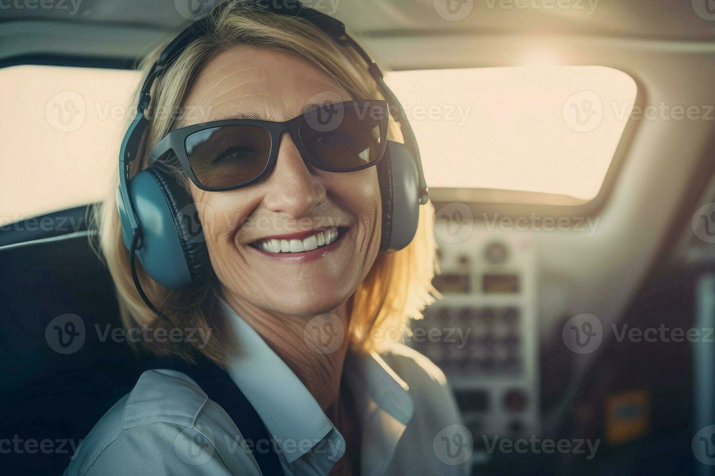 Smiling woman pilot in sunglasses. Generate Ai photo