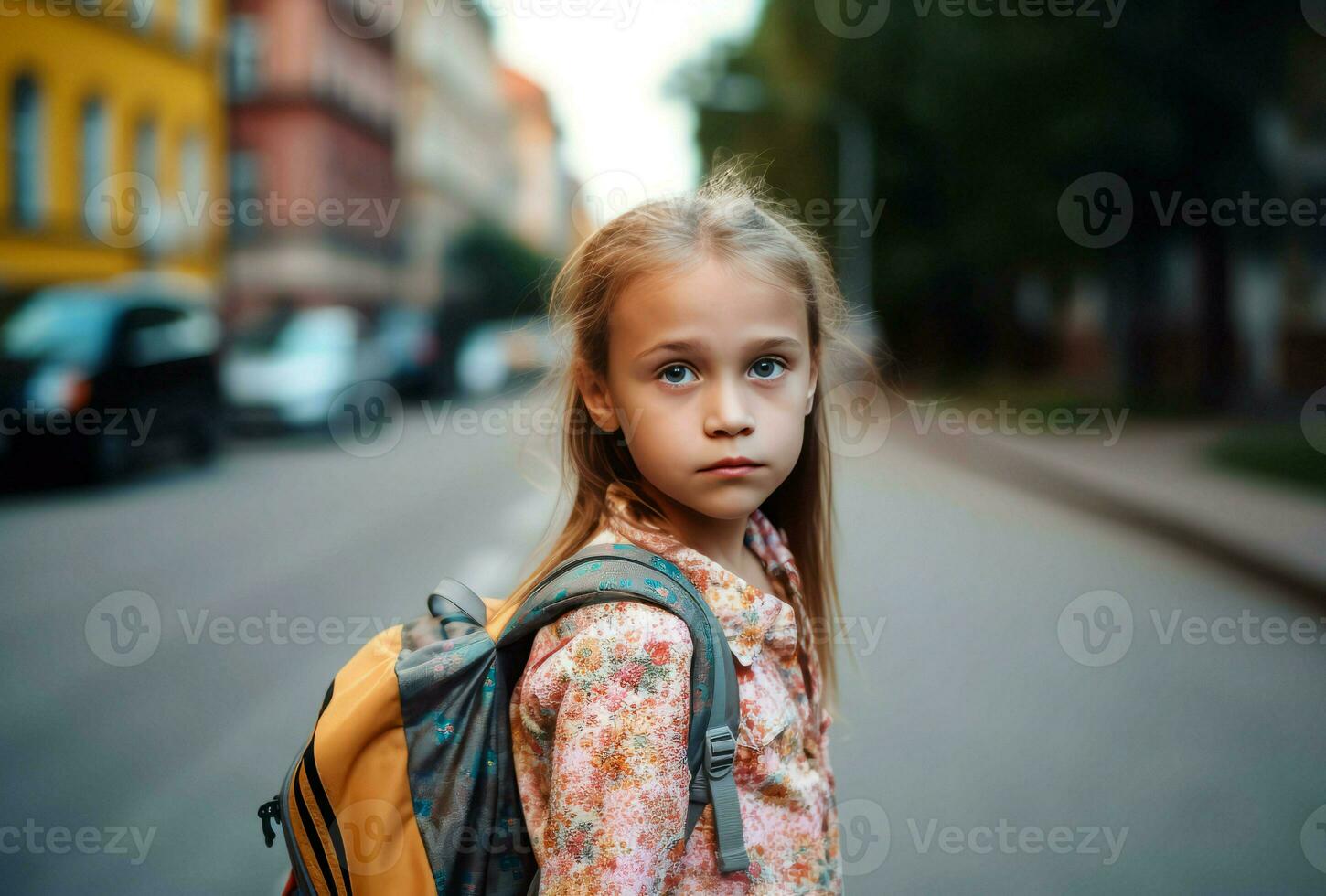 Serious school girl backpack. Generate Ai photo