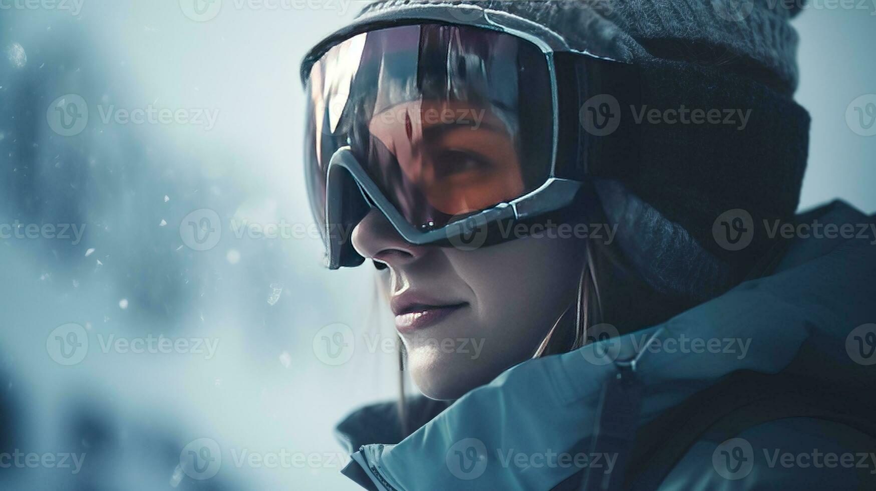 Skier in glasses close-up, background of snow-covered ski peaks of the mountains. AI generated. photo