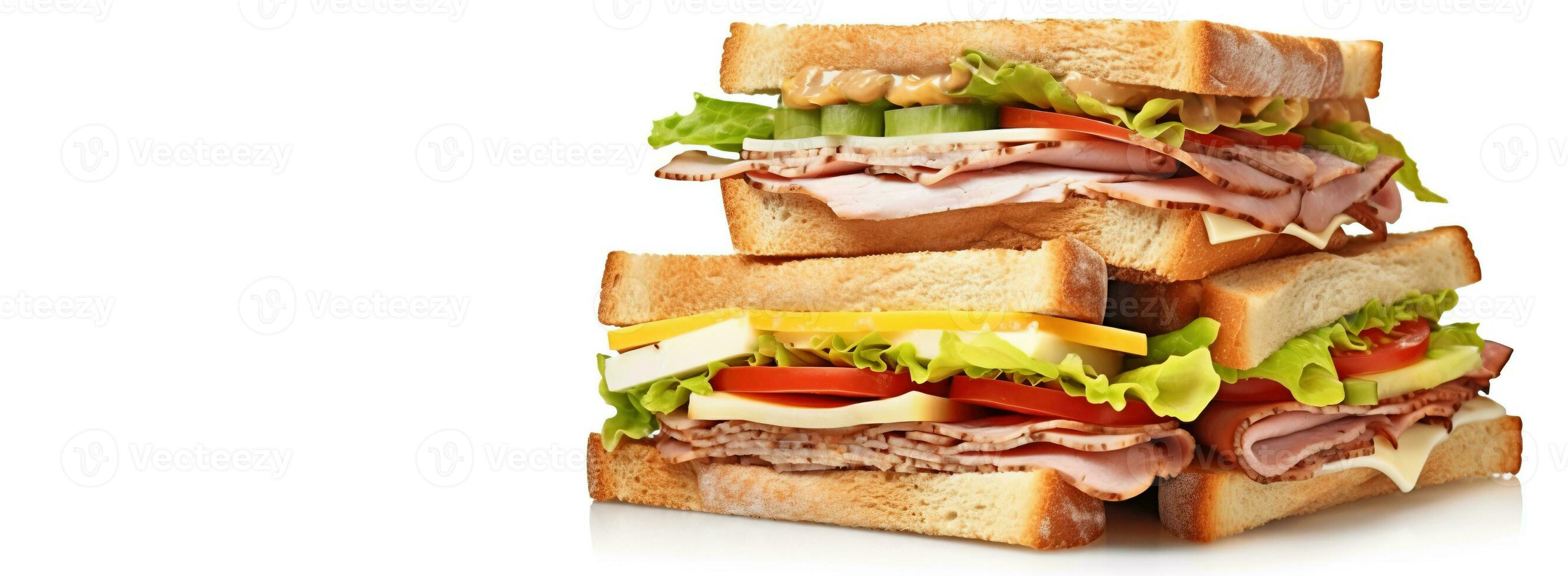 Fresh sandwich with ham, cheese, tomatoes, fast food on white background, isolate. AI generated. photo