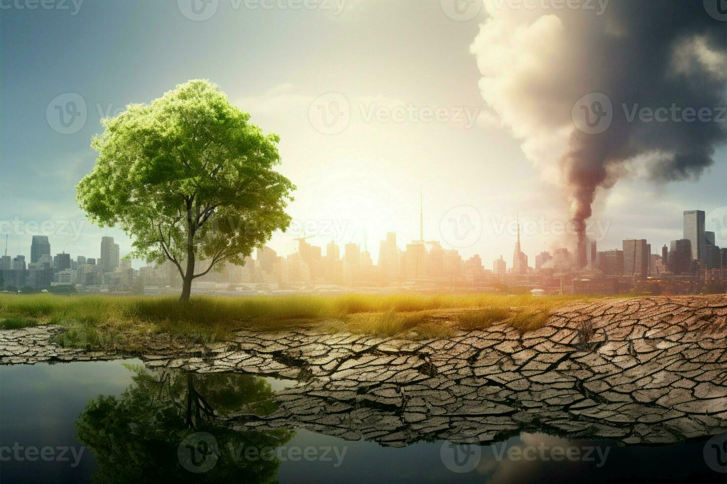 Global warming concept, Green Earth versus polluted arid landscape backdrop AI Generated photo