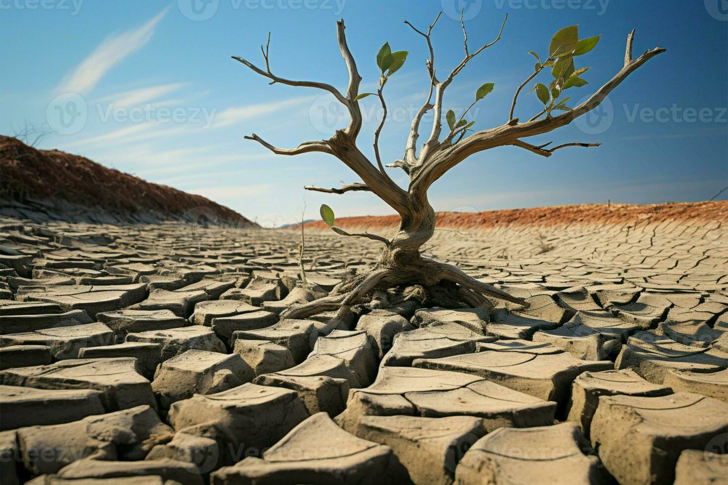 Tree perseveres in the face of a harsh, dry, cracked environment AI Generated photo