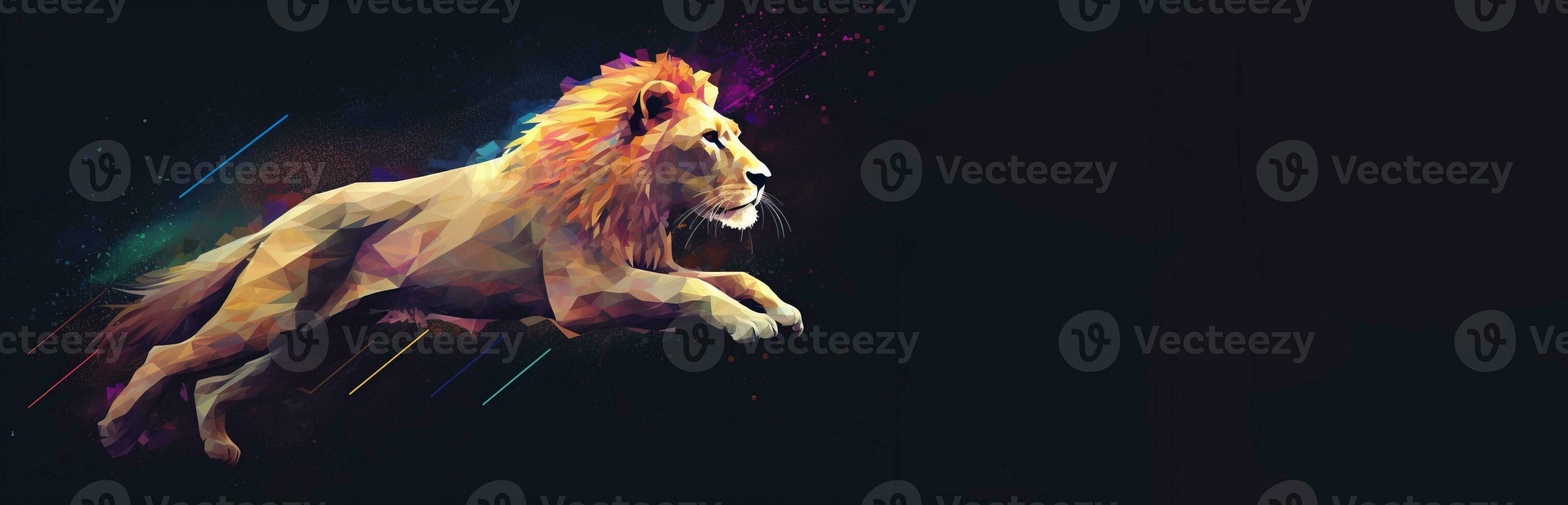 Neon abstract graphic contours of a lion in a jump, a wild animal. Dark background isolate. AI generated. photo