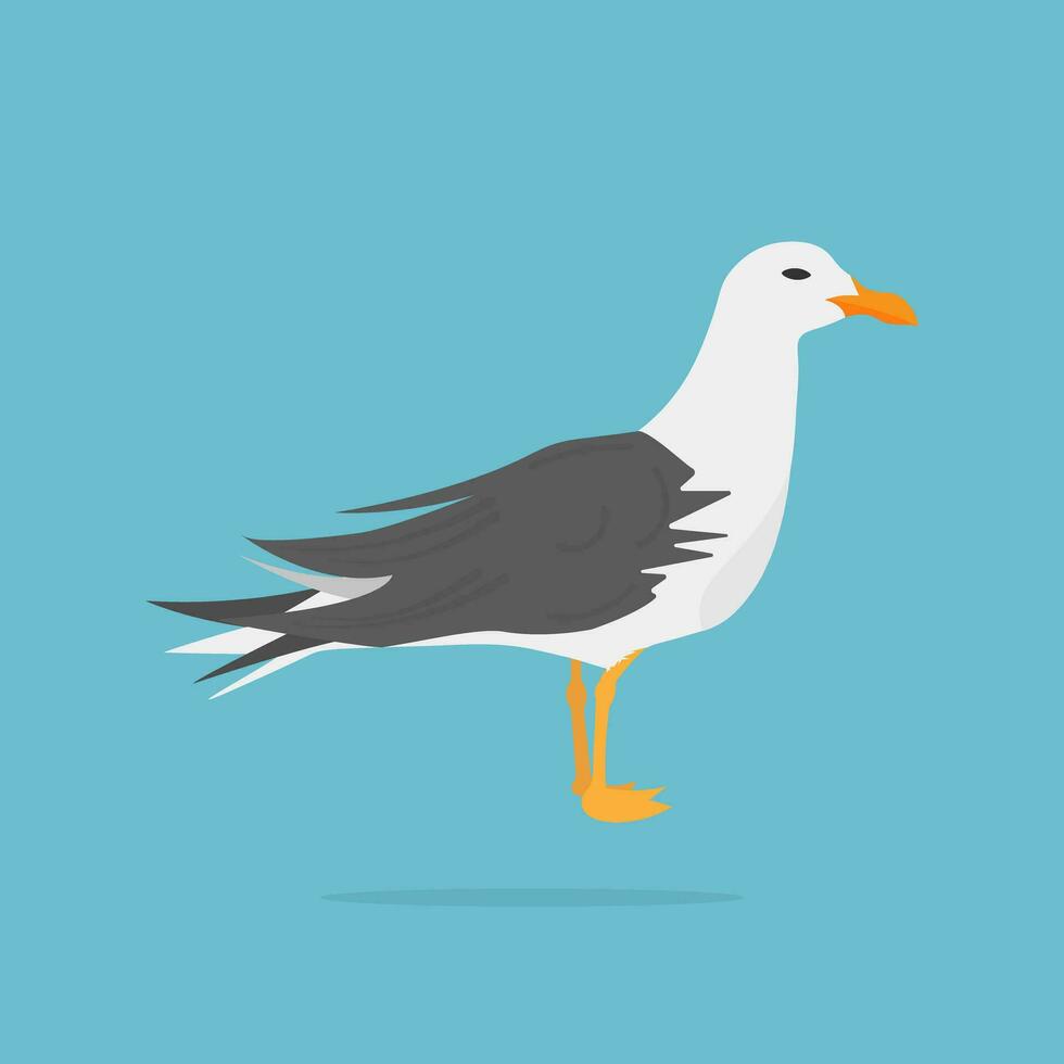 Cartoon style seagull. Flat vector illustration on blue background.