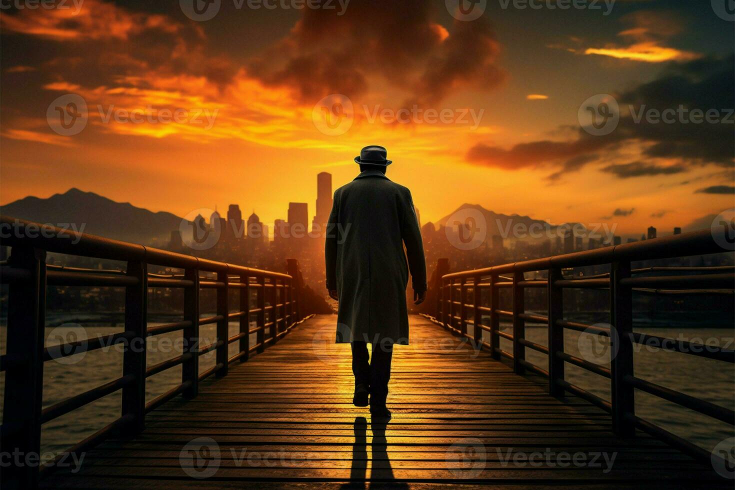Sunset kissed bridge, mans stride reflects the days fading warmth AI Generated photo