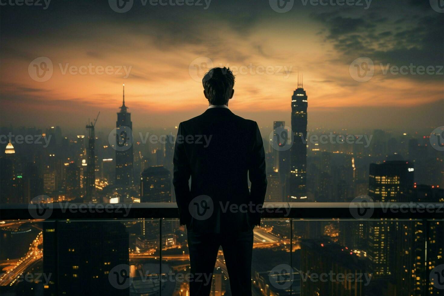 Amidst city shadows, a poised businessman takes in the rooftop view AI Generated photo