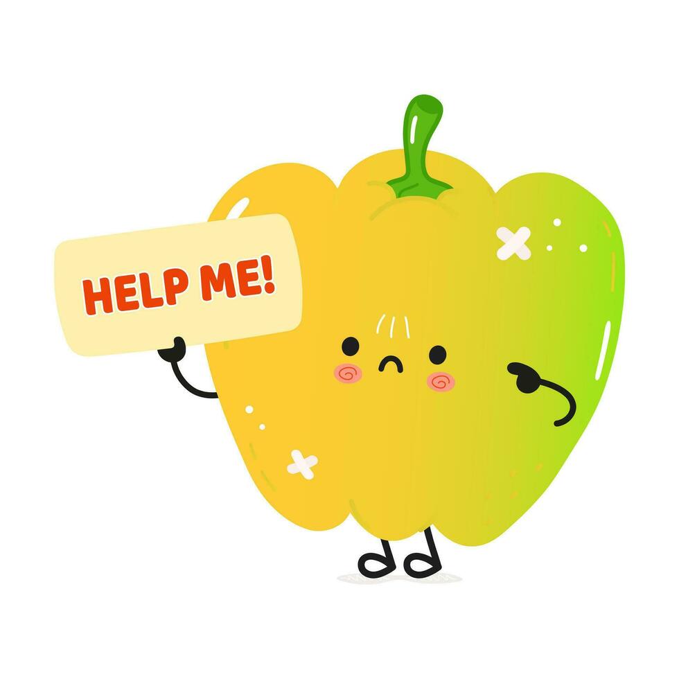 Sick Colored bell pepper asks for help character. Vector hand drawn cartoon kawaii character illustration icon. Isolated on white background. Suffering unhealthy Colored bell pepper character concept