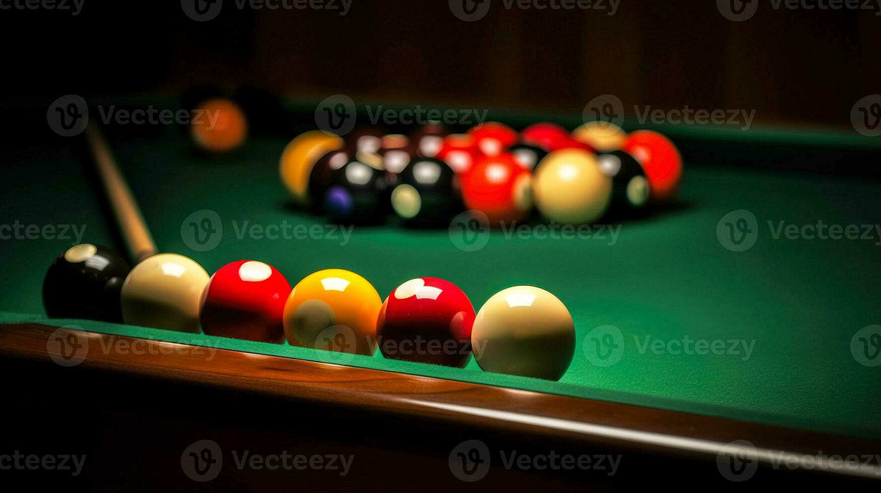 Billiard hundred, sport game. Colored balls, cue on green cloth. Fun competition. AI generated. photo