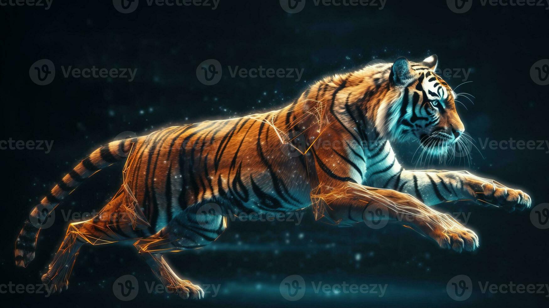 Neon abstract graphic contours of a tiger in a jump, a wild animal. Dark background isolate. AI generated. photo
