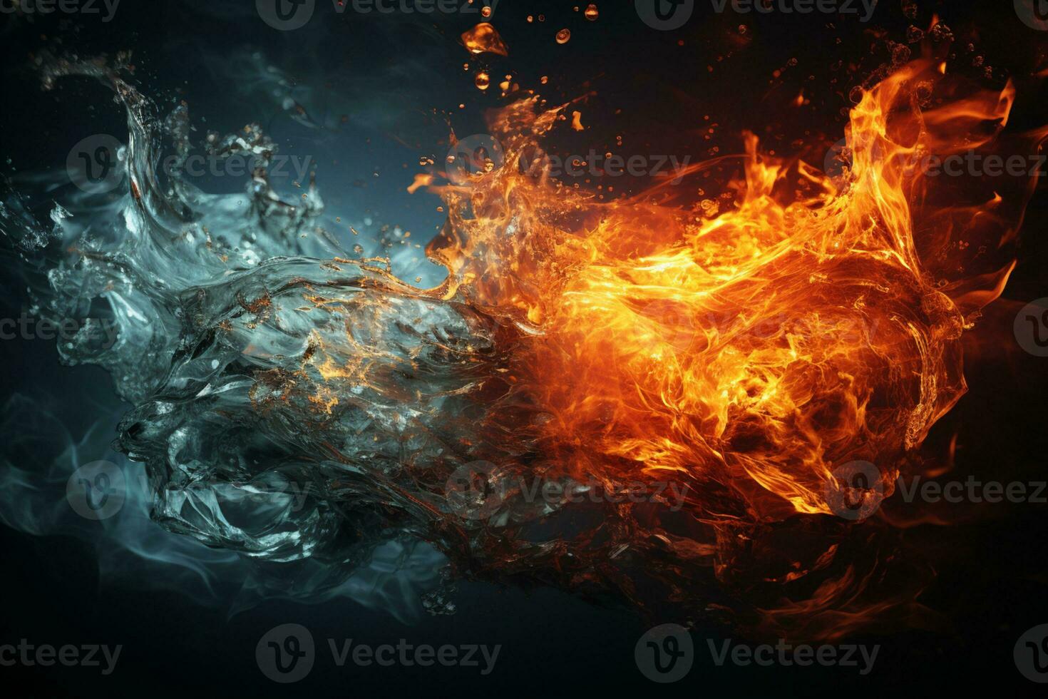 Contrasting elements, Fire and water entwined on dark backdrop AI Generated photo