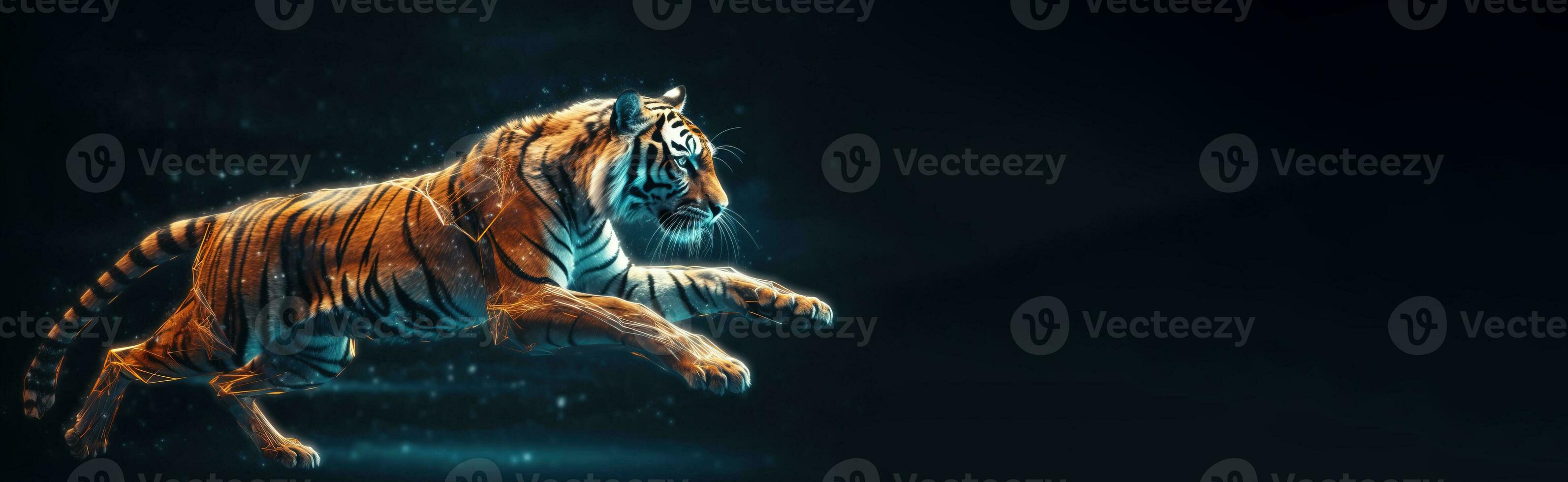 Neon abstract graphic contours of a tiger in a jump, a wild animal. Dark background isolate. AI generated. photo