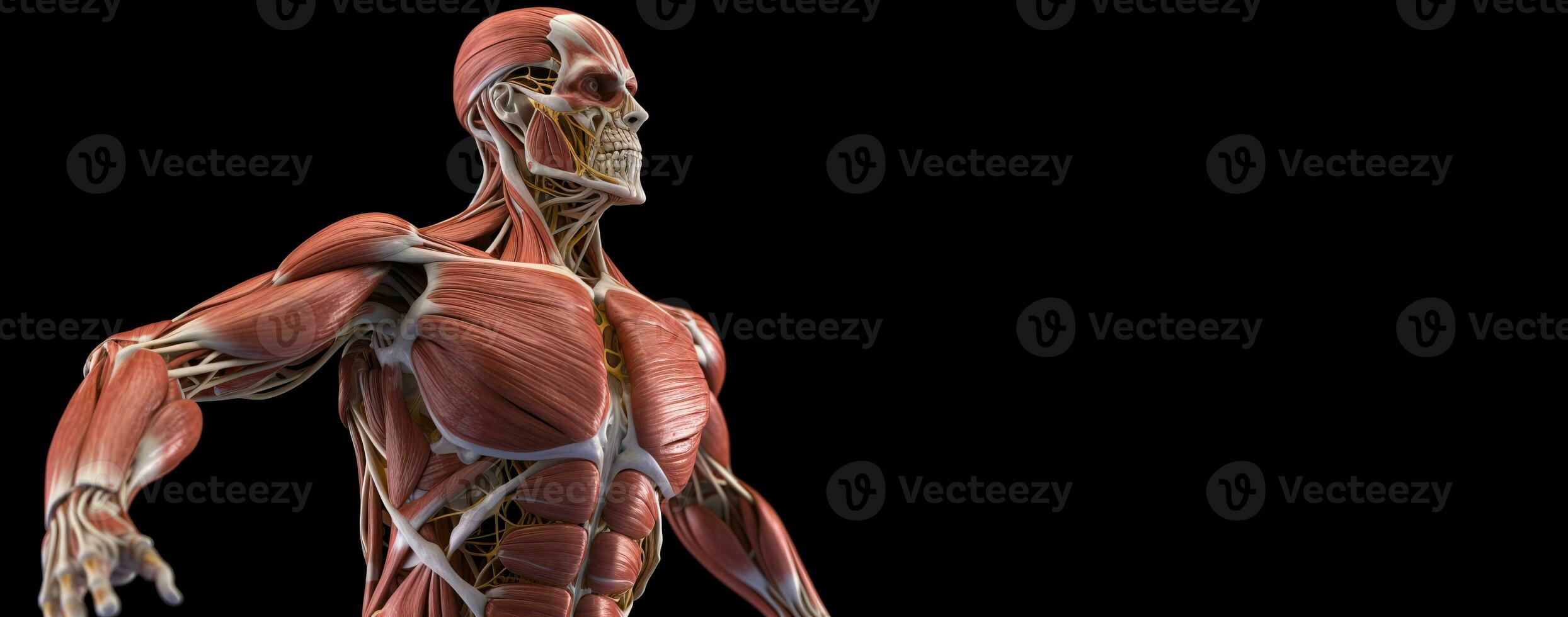 Anatomical structure of muscular system of human body, dark background. AI generated. photo