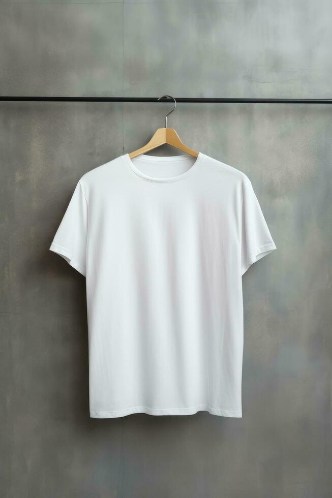 blanco camiseta Bosquejo concepto con percha ai generativo foto