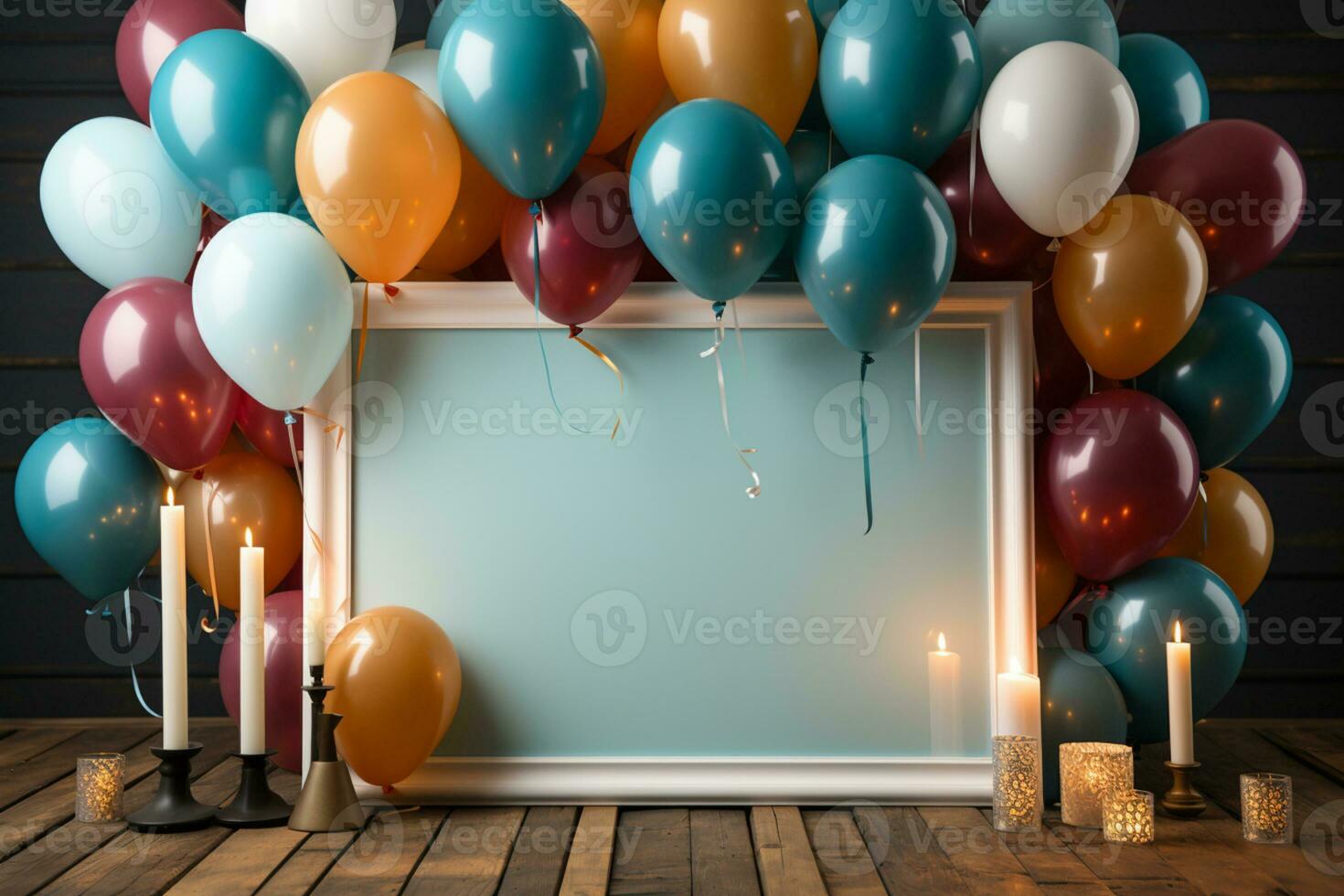 Celebration mockup, white frame, colorful balloons, blue wooden table AI Generated photo