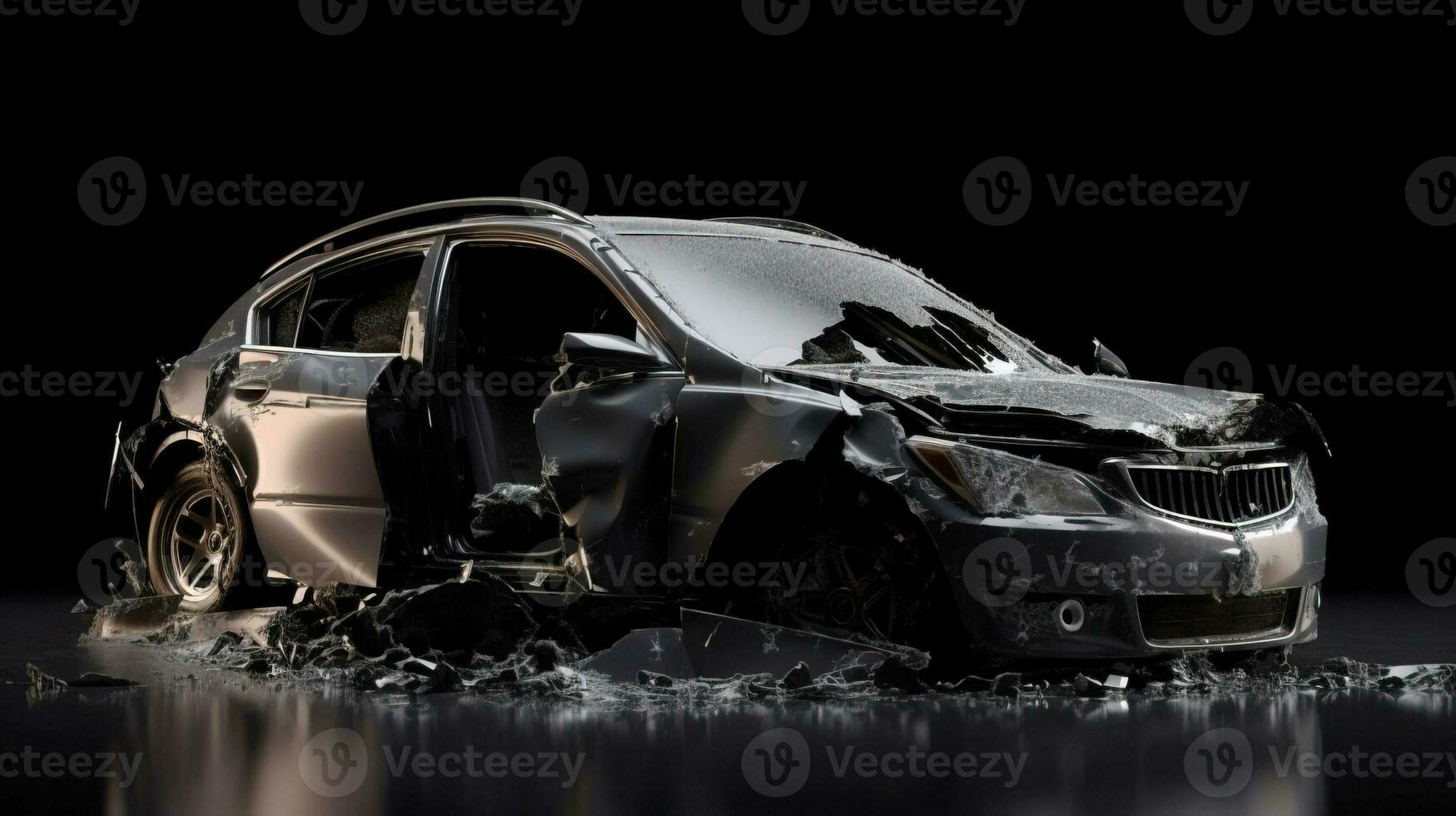 Car accident, broken damaged body metal. Life insurance, technology. Black car black background. AI generated. photo