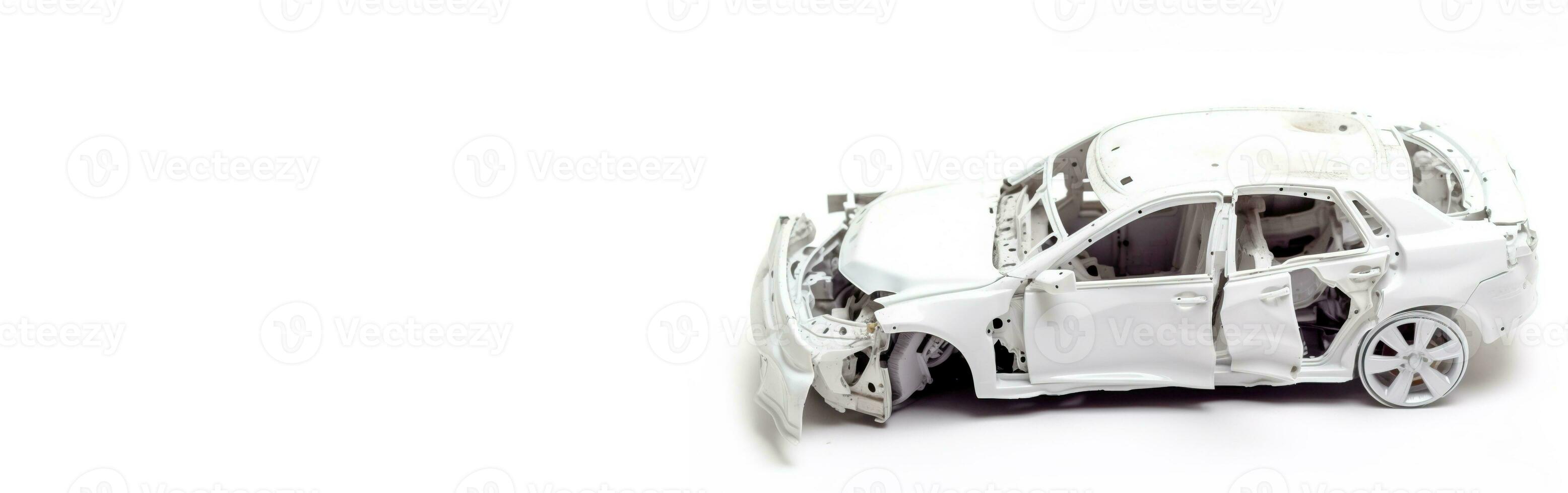 Car accident, broken damaged body metal. Life insurance, technology. White car background. AI generated. photo