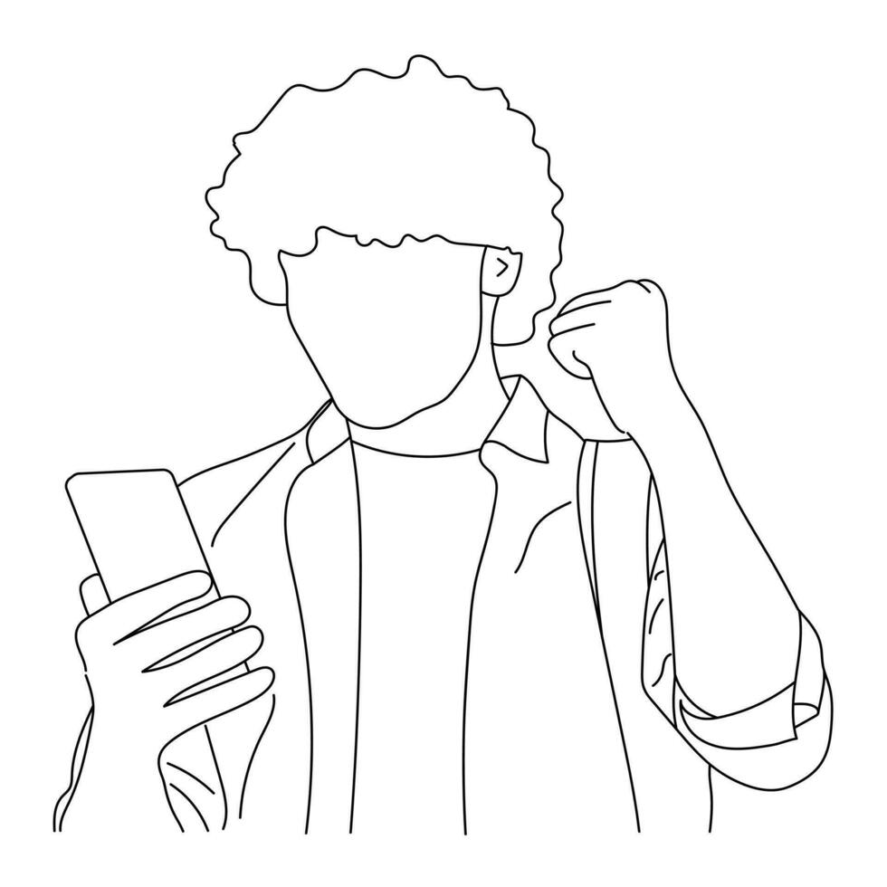 Line art of a young smiling man looking at his phone and raising his fist up vector