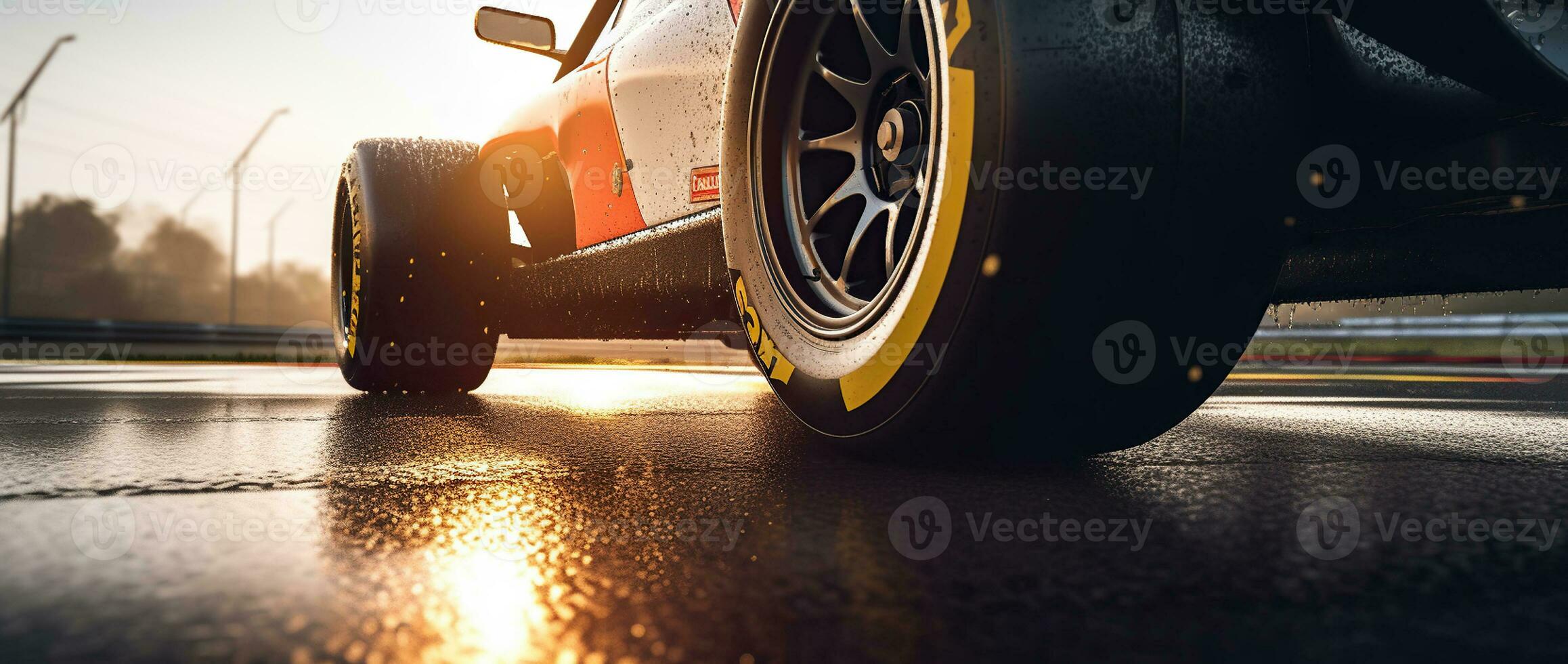 el rugido de el carrera coche ecos como eso lágrimas mediante el atardecer, disfrutado en ángulo bajo borde ligero de ligero amarillo y oscuro blanco. generativo ai foto