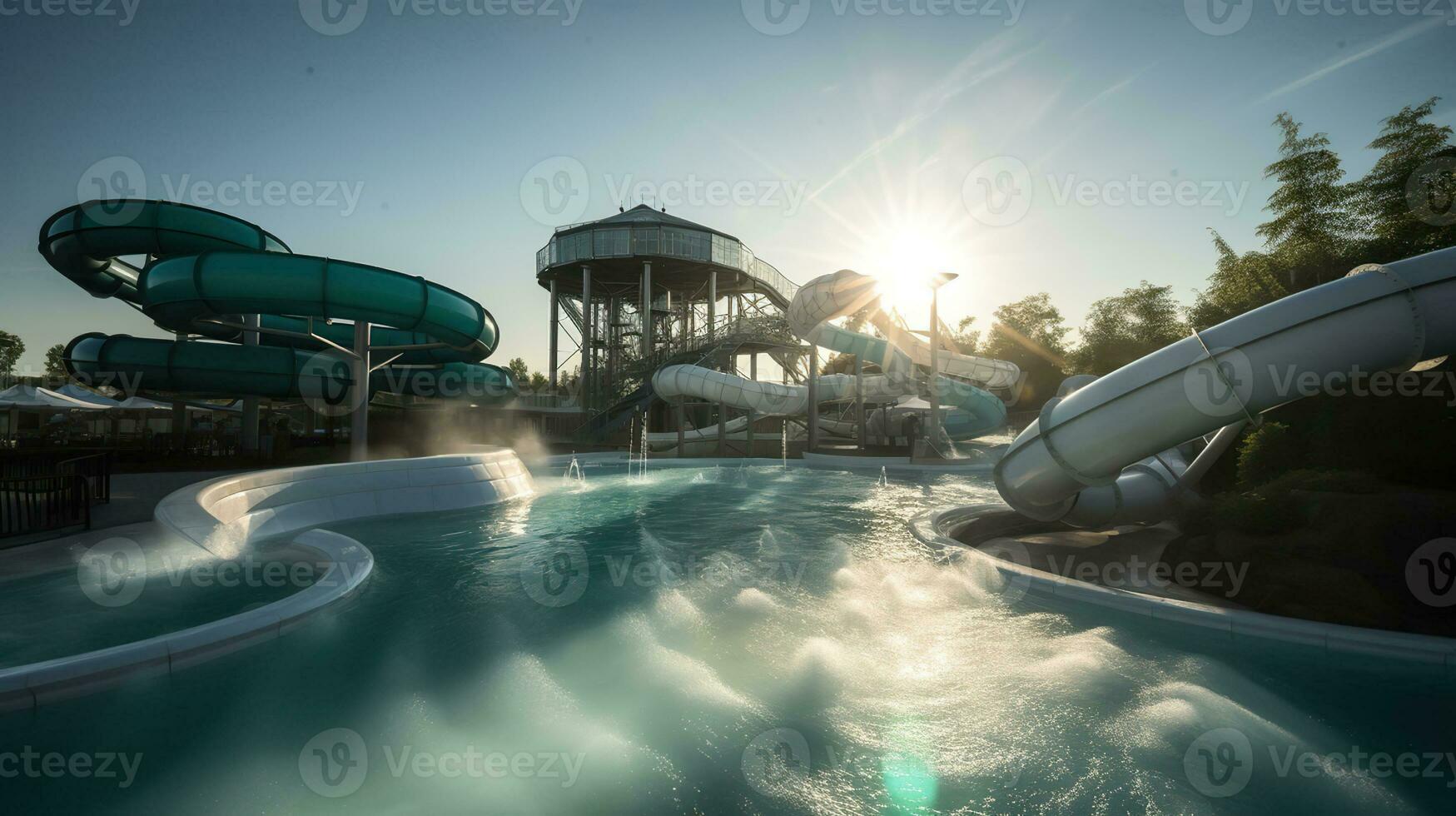 A photorealistic waterpark with clean sharp shapes, natural lighting, Generative AI photo