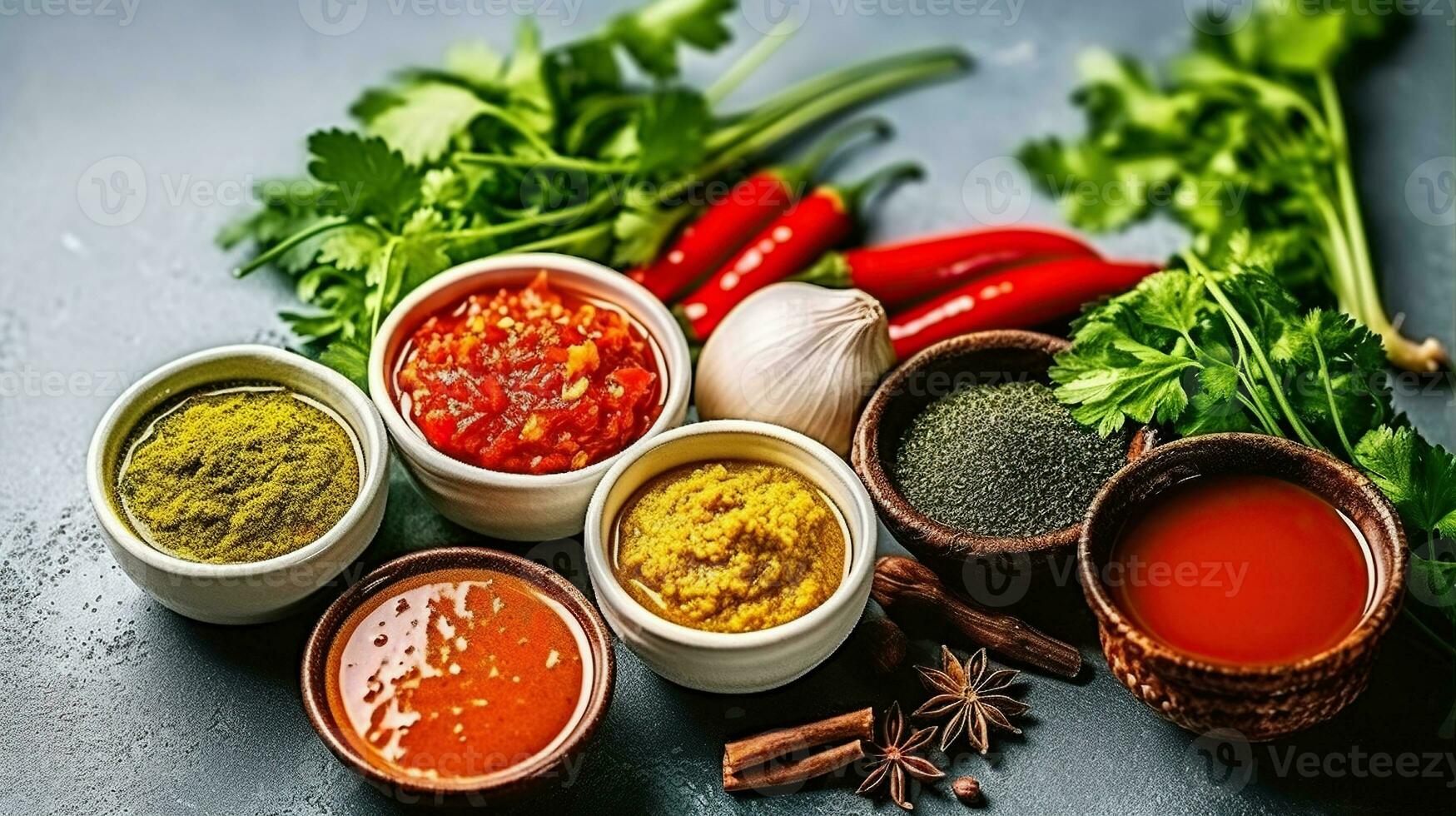 Traditional georgian food concept with spices, sauces on concrete table. Generative AI photo