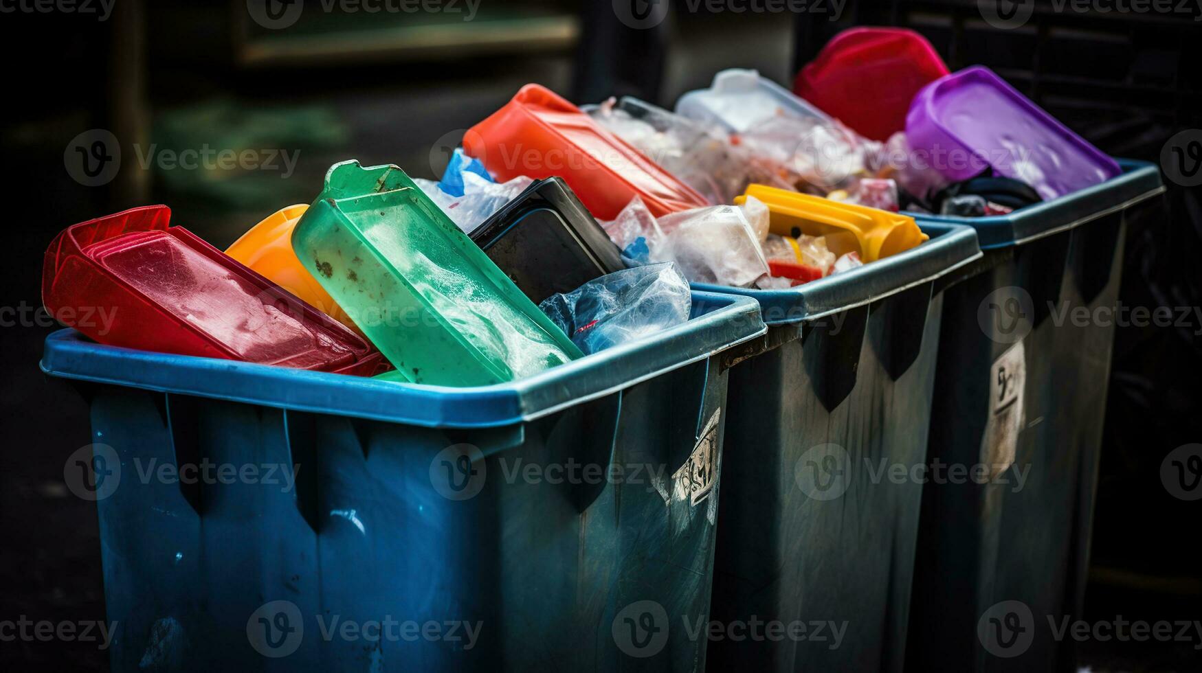 Recycling bin full of plastic waste, separate waste collection concept, generative ai photo