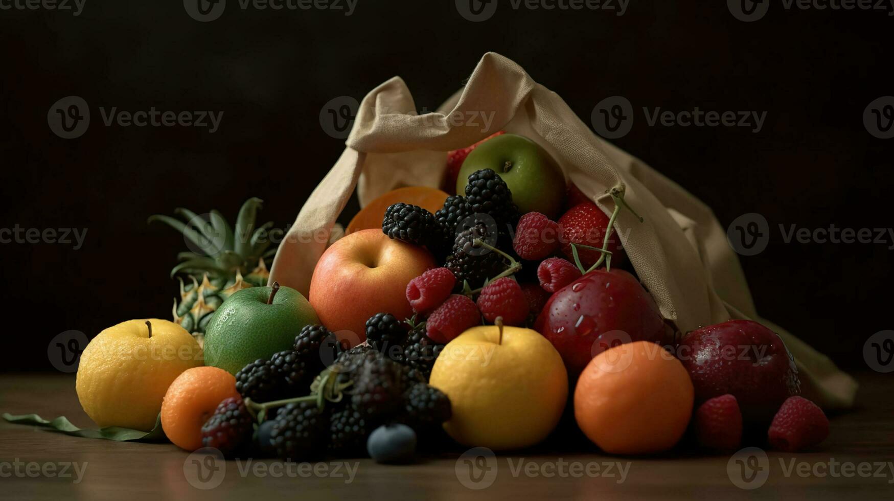 Bunch of mixed organic fruits, in full eco friendly shopping bag to reduce ecological footprint. Zero waste concept. copy space, Generative AI photo