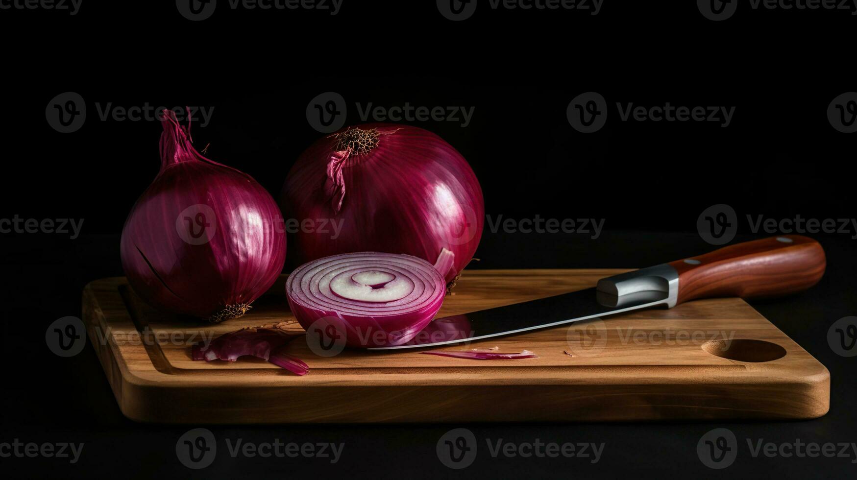 Wooden board with cut red onion and knife on dark background, generative ai photo