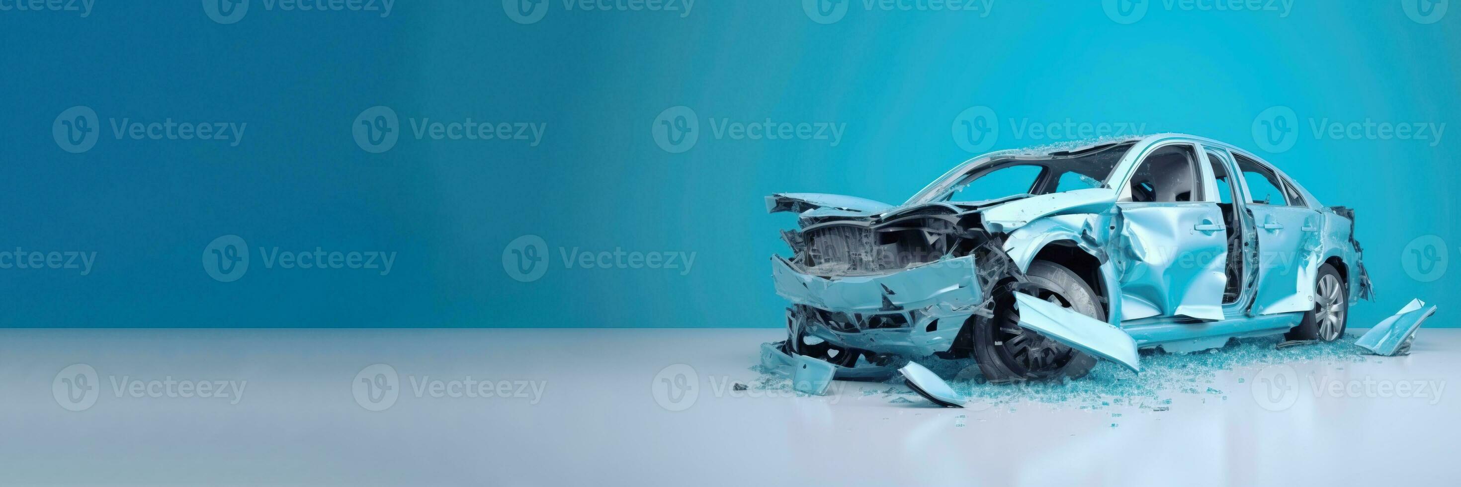 Car accident, broken damaged body metal. Life insurance, technology. Blue car background. AI generated. photo