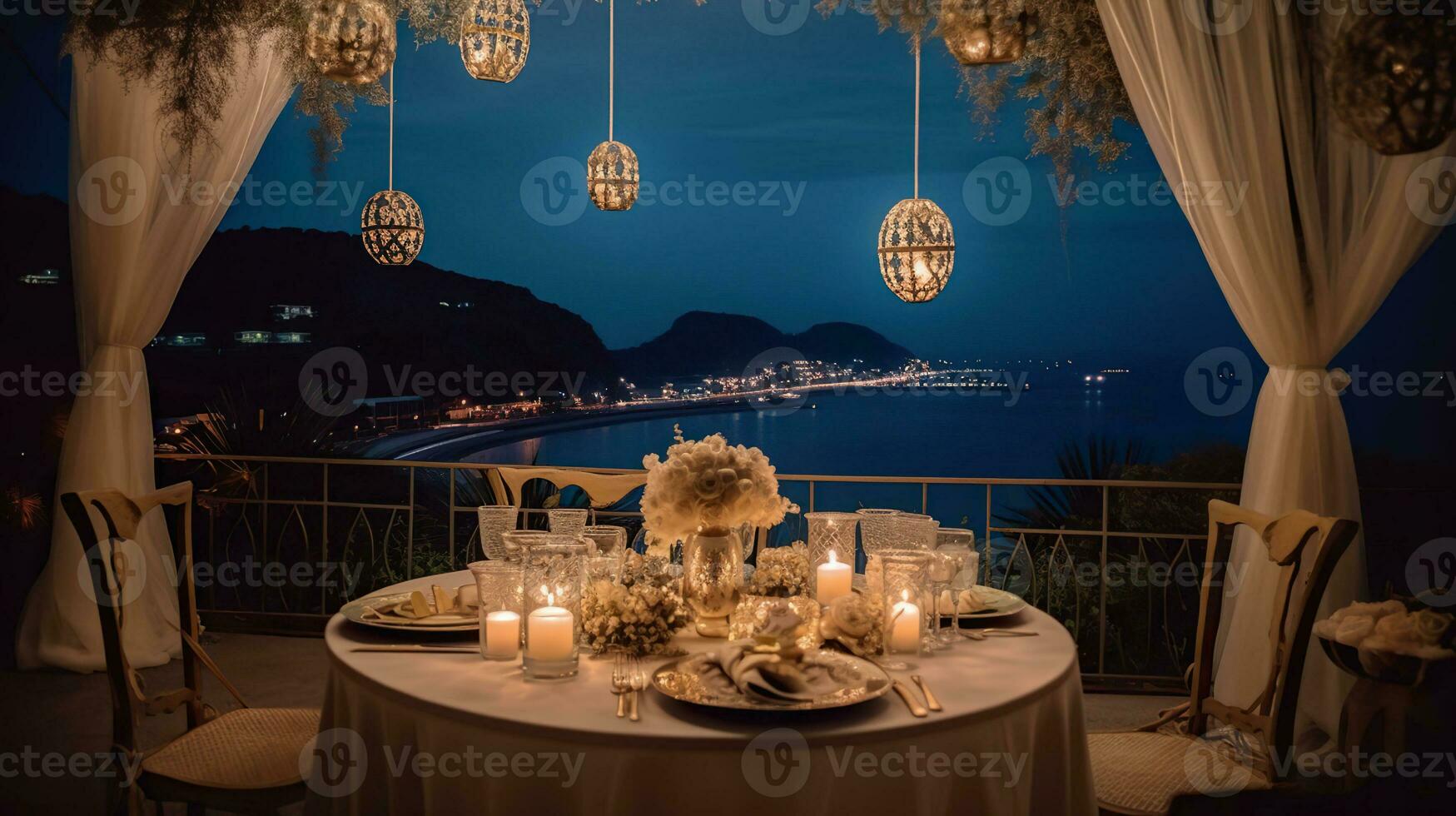 Starry celestial romantic wedding theme, imperial wedding table, sea view, starry night sky, soft candlelight. Generative AI photo