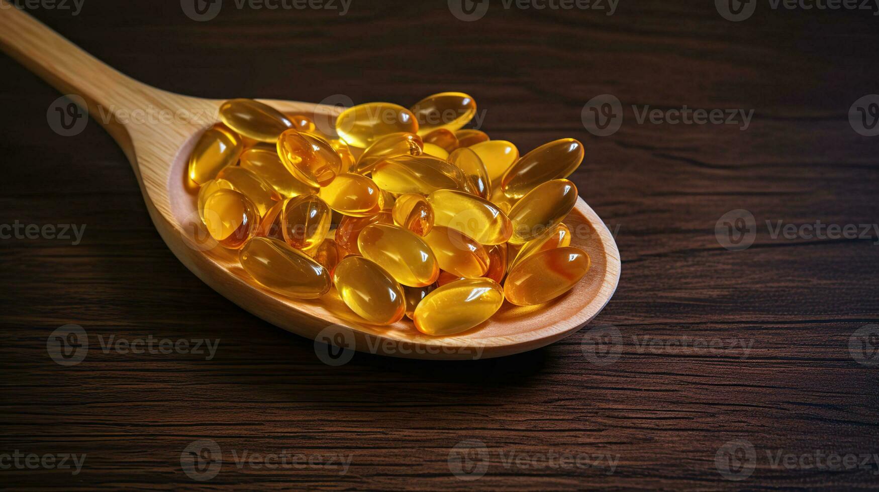 pila de omega 3 pescado hígado petróleo cápsulas en de madera cuchara. grande dorado translúcido pastillas en aislado antecedentes. sano diario graso ácidos nutricional suplemento. generativo ai foto