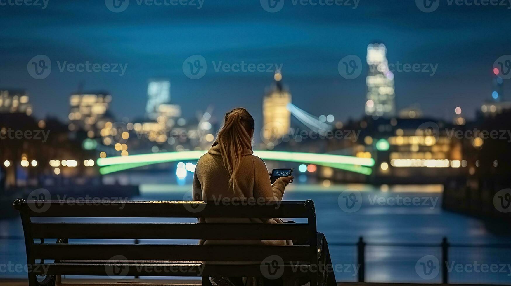 posterior vista, un urbano mujer sentado en un banco y mirando a su teléfono inteligente durante noche hora en frente de el iluminado ciudad horizonte. generativo ai foto