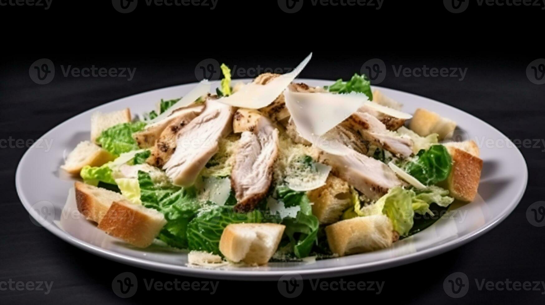 Chicken Salad. Chicken Caesar Salad. Caesar Salad with grilled chicken and croutons. Grilled chicken and fresh green salad isolated, generative ai photo