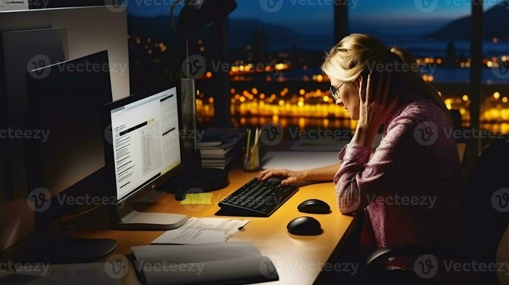 After Hours Ambition, A Mature Businesswoman's Nighttime Dedication at the Desktop. Generative AI photo