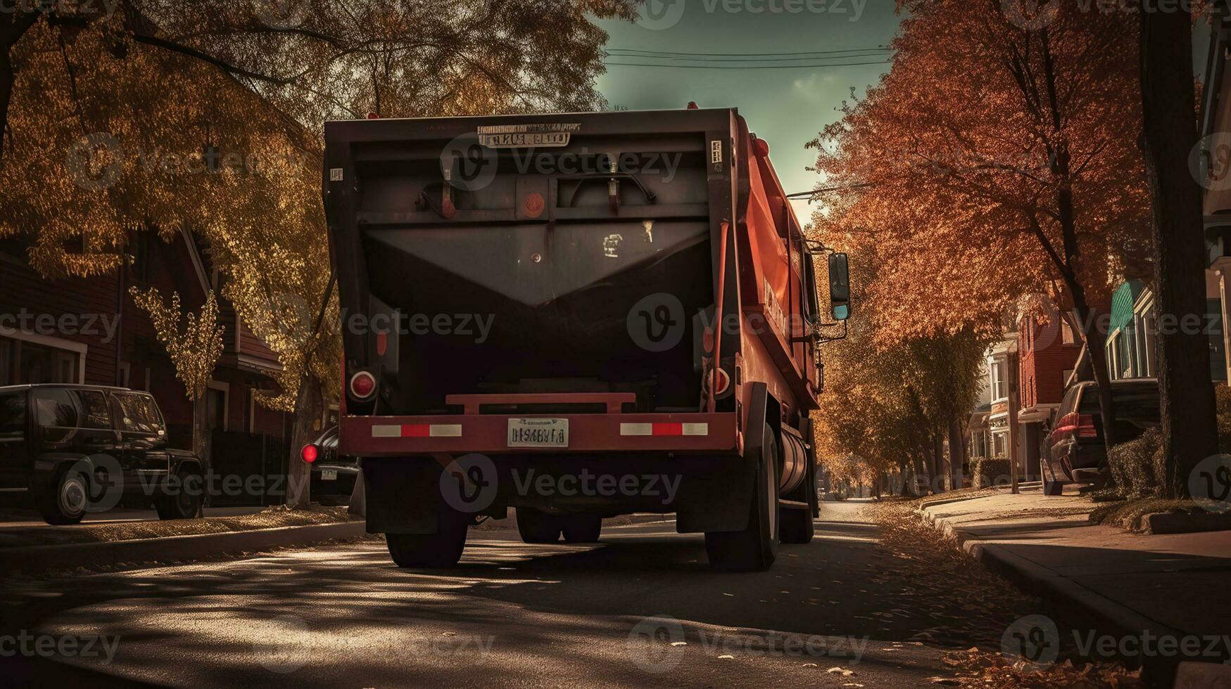 Garbage truck outdoor, back view. AI Generative photo