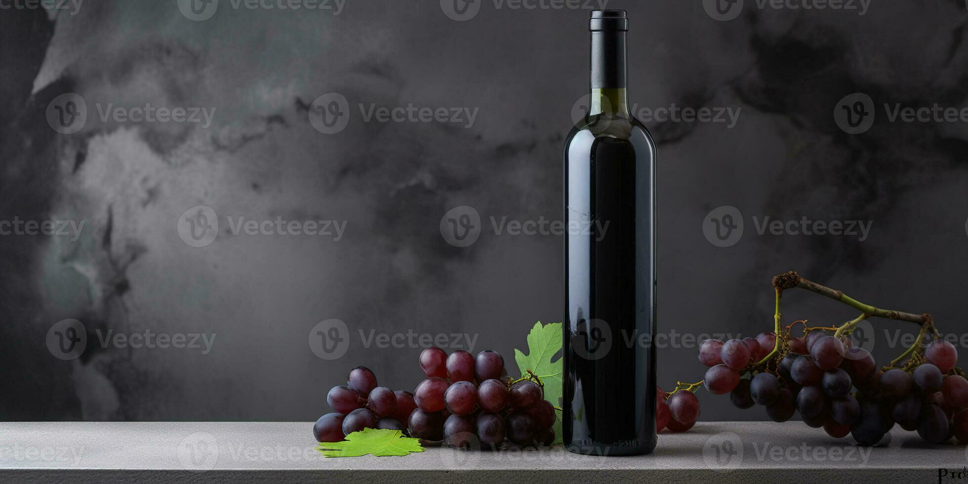 A bottle of wine and a glass with a bunch of grapes on table. Generative AI photo