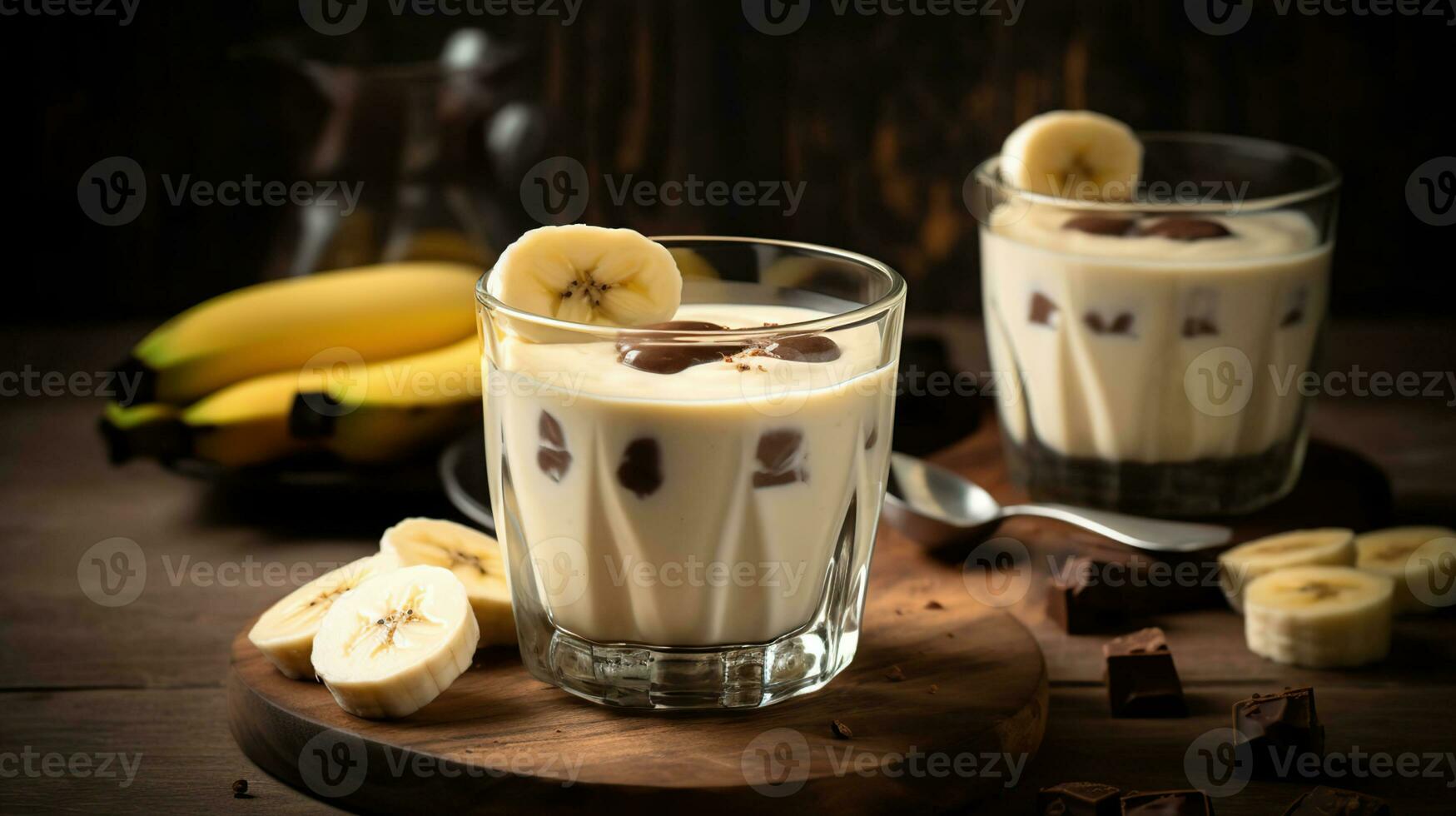 Glass of tasty vanilla pudding with banana on wooden table, closeup, generative ai photo